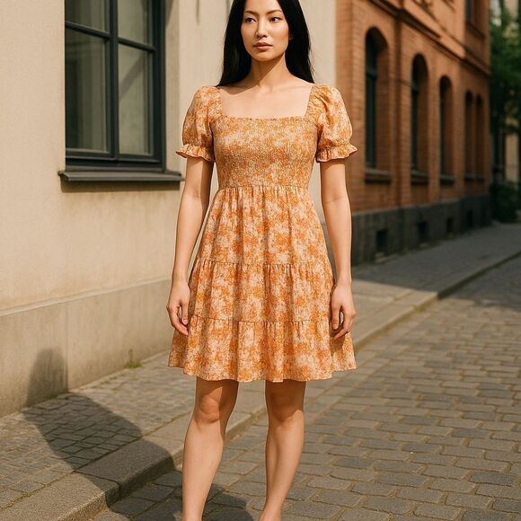 Hint Of Blush Ditsy Smocked Tiered Floral Peasant Mini Dress Size Medium - Picture 1 of 10